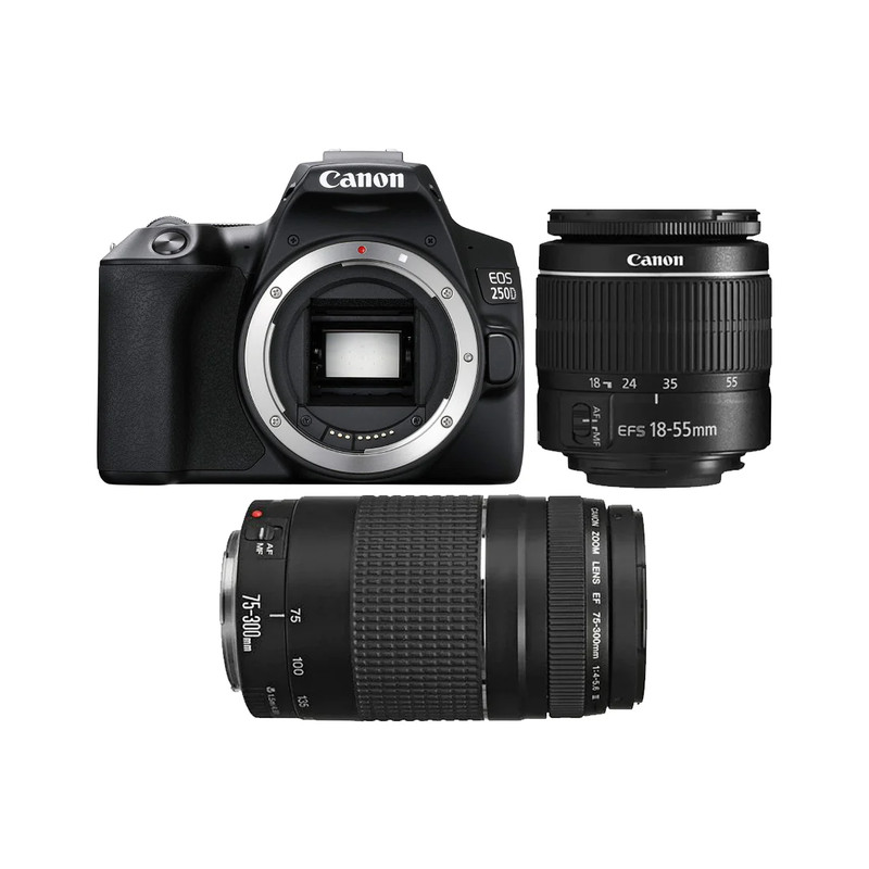 Canon EOS 250D DSLR Digital Camera w/ 18-55mm & 75-300mm Lens - كاميرا